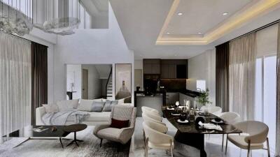 Modern living and dining area with open kitchen