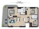 Floor plan of a two-bedroom apartment with living room, kitchen, and two bathrooms