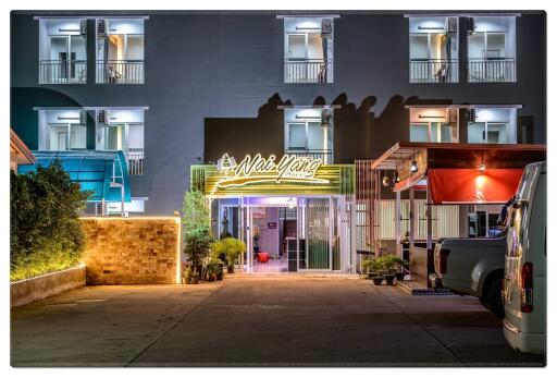 Front facade of a modern building at night