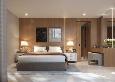 Modern bedroom with wooden accent wall, large bed, and nightstands with lamps