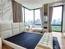 Modern bedroom with large windows, city view, and contemporary furnishings