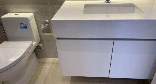 Modern bathroom with white vanity and toilet