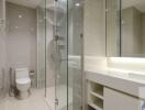 Modern bathroom with glass shower enclosure, toilet, wide sink, and mirror cabinets