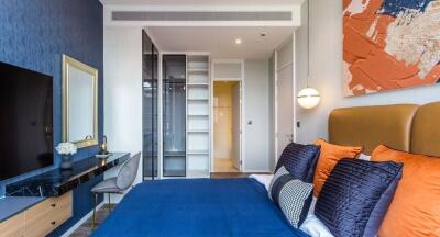 Modern bedroom with a blue-themed decor