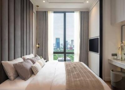 Modern bedroom with a large bed and a cityscape view