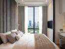 Modern bedroom with a large bed and a cityscape view