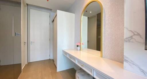 Bright bedroom with a stylish vanity desk