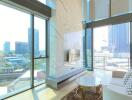 Modern high-rise living room with large windows and cityscape view