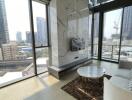 Modern living room with large windows, city view, marble coffee table, and mounted TV