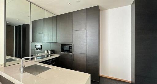 Modern kitchen with dark cabinets and integrated appliances