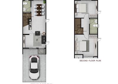 Floor plan of a two-story house with carport, living area, dining area, kitchen, and bedrooms