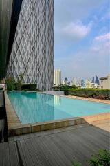 A modern building with an outdoor pool