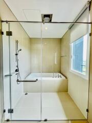 Modern bathroom with glass shower and bathtub