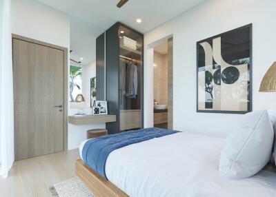 Modern bedroom with wooden accents and stylish decor