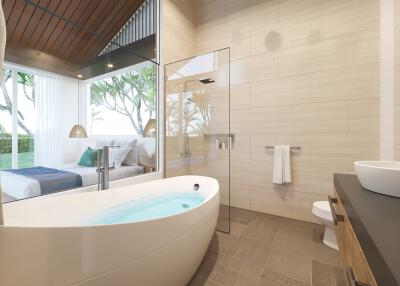 Modern bathroom with large bathtub and glass shower