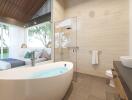 Modern bathroom with large bathtub and glass shower