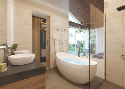 Modern bathroom with bathtub and rainfall shower