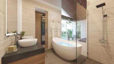 Modern bathroom with bathtub and rainfall shower