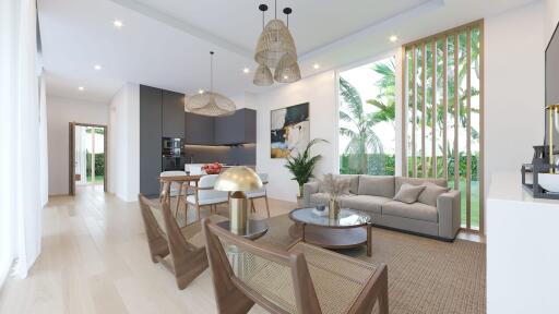 Modern living room with open kitchen and natural light