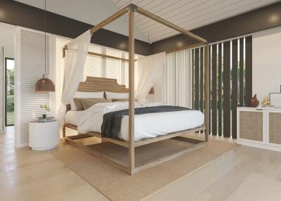 Spacious and modern bedroom with a canopy bed and large windows