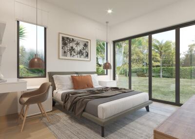 Spacious modern bedroom with large windows