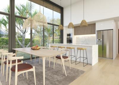 Modern dining area with large windows and adjacent kitchen