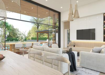 Spacious living room with modern decor, large windows, and view of outdoor area