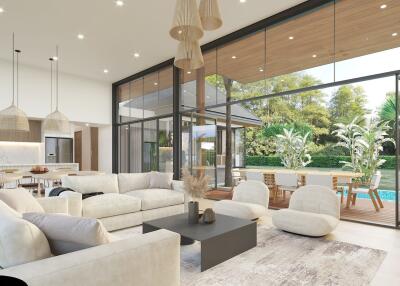 Spacious modern living room with a view of the backyard