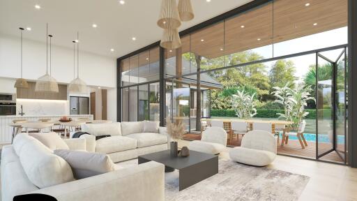 Spacious modern living room with a view of the backyard