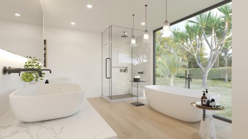 Modern bathroom with large window, bathtub, and walk-in shower