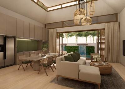 Spacious living room with dining area and modern kitchen