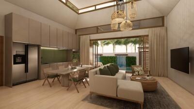 Spacious living room with dining area and modern kitchen