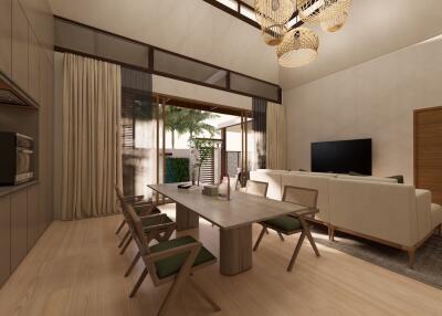 Modern living room with dining area and large windows