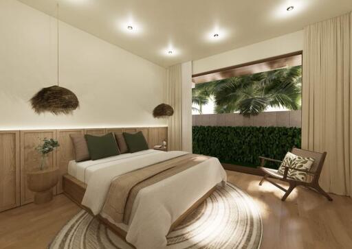 Modern bedroom with natural lighting and outdoor view