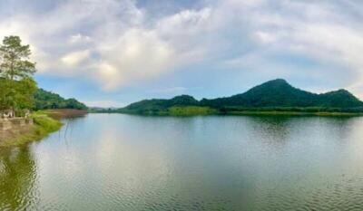 Scenic view of a lake surrounded by greenery and mountain in the background