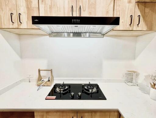 Modern kitchen with stove and wooden cabinets