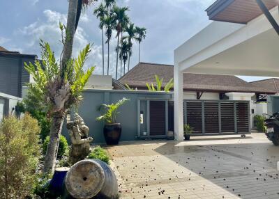 Modern house exterior with driveway and palm trees