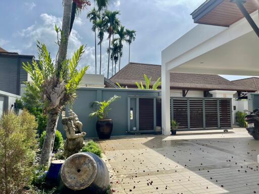 Modern house exterior with driveway and palm trees