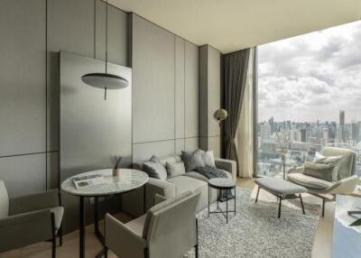 Modern living room with large window showcasing city skyline