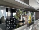 Modern dining area with mirror accents and bar stools