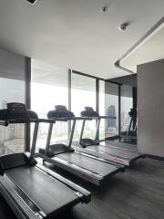 Modern gym with treadmills and city view