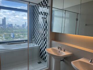 Modern bathroom with a city view