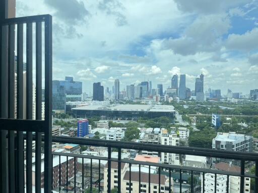 View of city skyline from a balcony