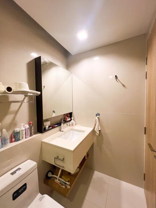 Modern bathroom with sink, shelves, and storage