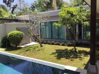 Exterior view of modern house with garden and swimming pool