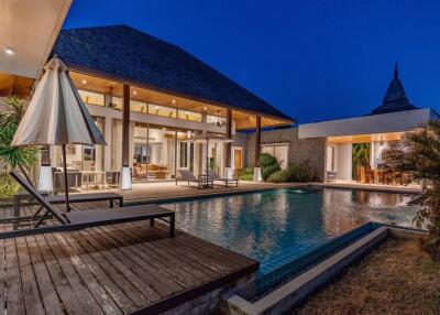 Luxurious backyard with pool at night