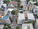 Aerial view of a neighborhood with multiple buildings