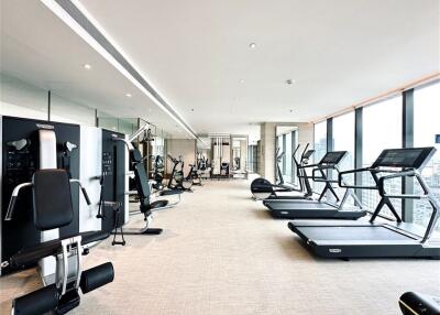 Modern gym with exercise equipment and large windows