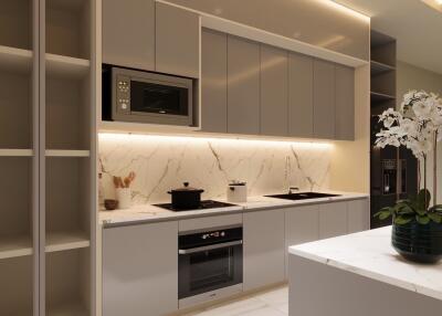Modern kitchen with built-in appliances and marble countertops