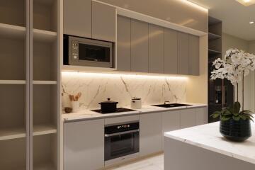 Modern kitchen with built-in appliances and marble countertops